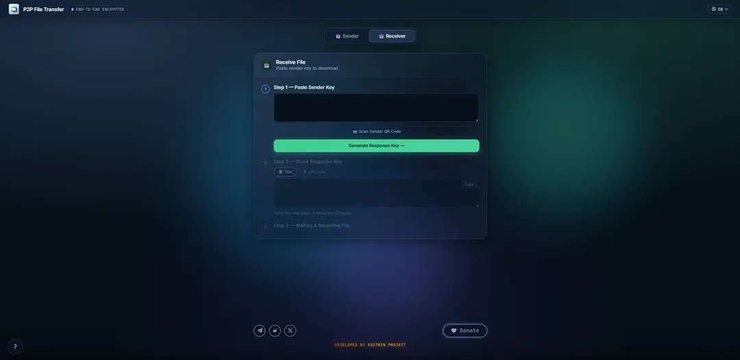 Экран Receive File с вставкой ключа отправителя