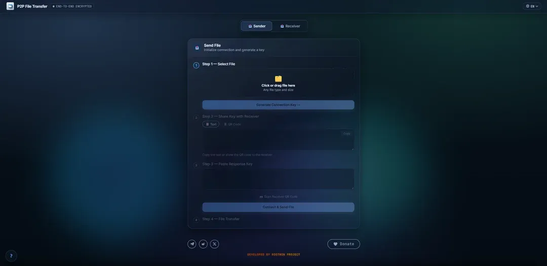Экран отправки файла в P2P File Transfer — выбор файла и генерация ключа соединения